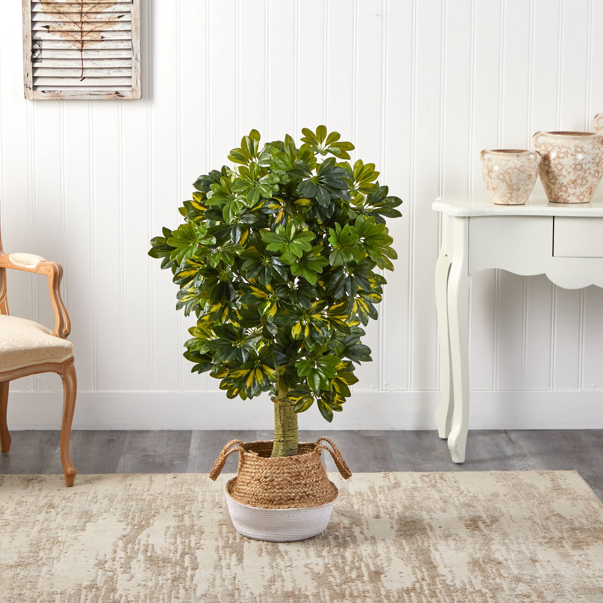 4ft. Schefflera Artificial Tree in Boho Chic Handmade Cotton & Jute White Woven Planter (Real Touch)